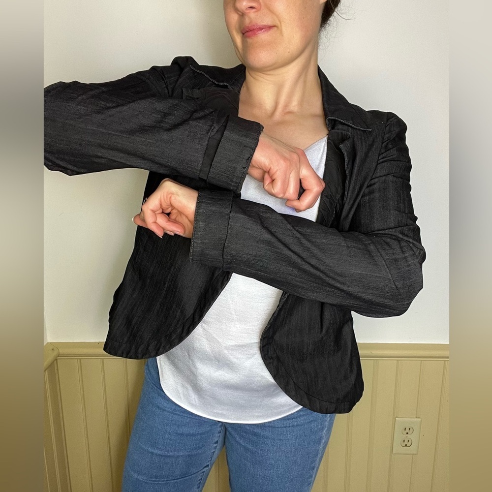 Industry PacSun Denim Jacket Gray Blazer Button Rouched Collar Women’s Large - Picture 4 of 9